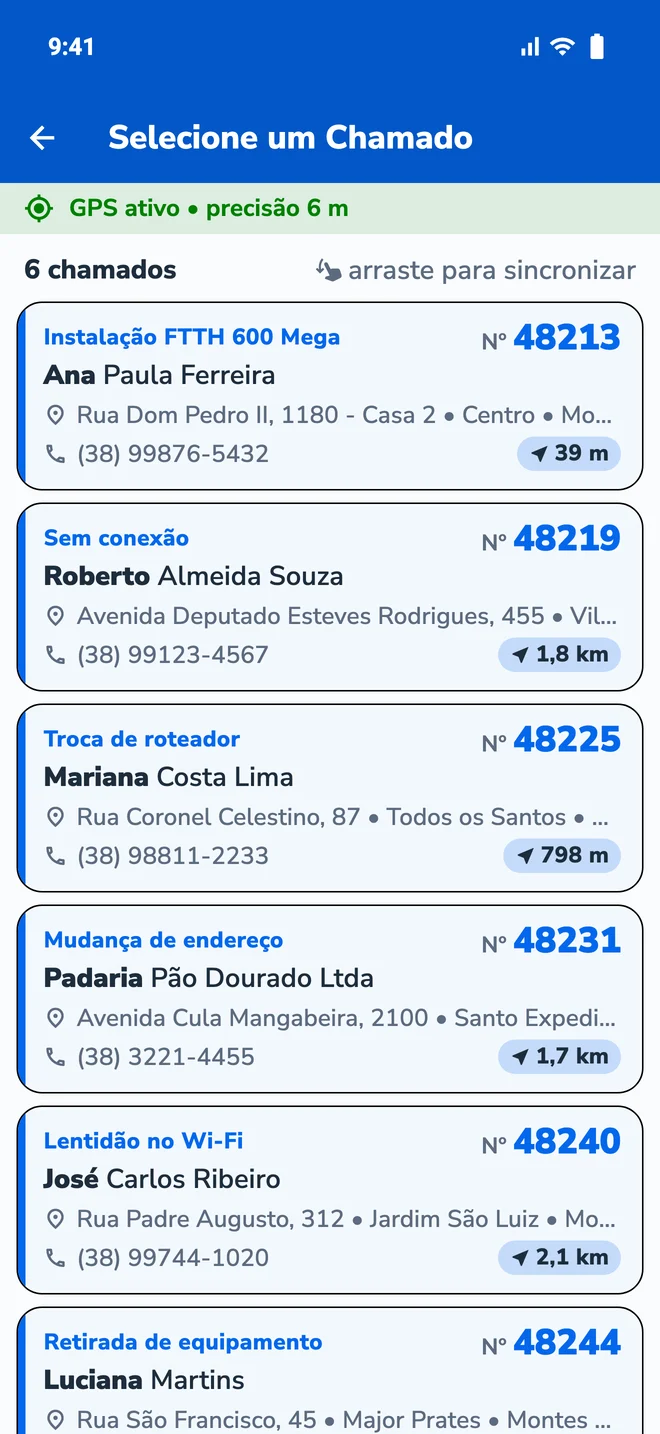 A fila de chamados do técnico, com a distância até cada cliente
