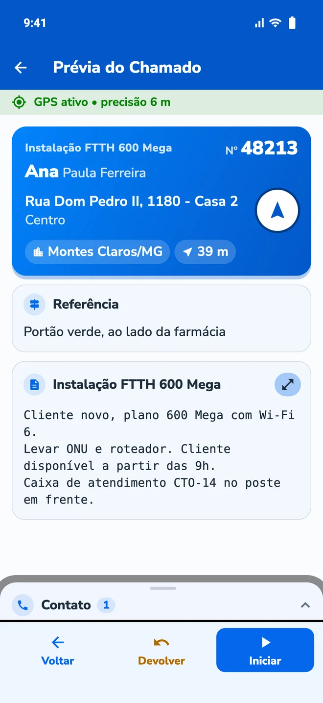 A prévia do chamado com endereço, referência e o que fazer