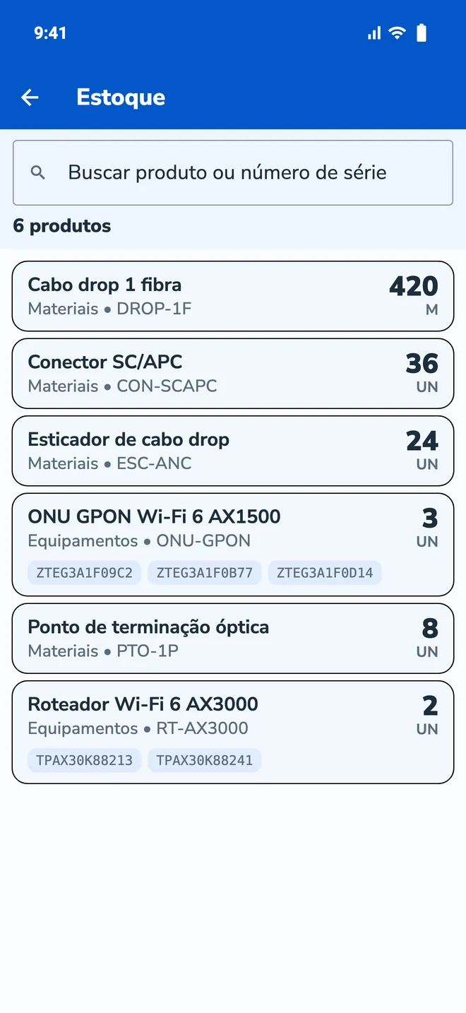O estoque do técnico com números de série