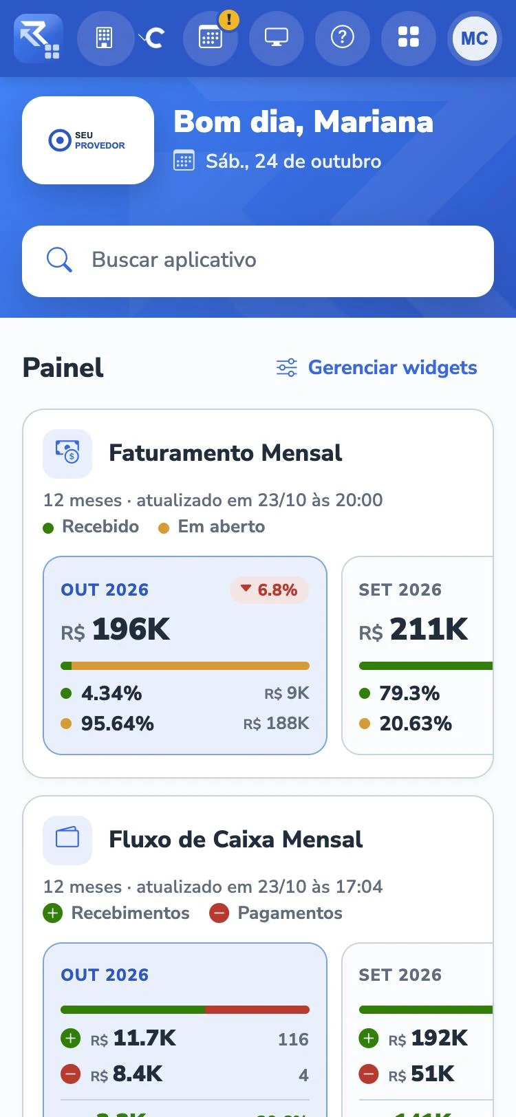 A tela inicial do sisGP no celular