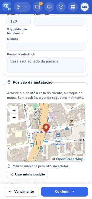 Venda de Internet no celular, com a posição do cliente marcada no mapa
