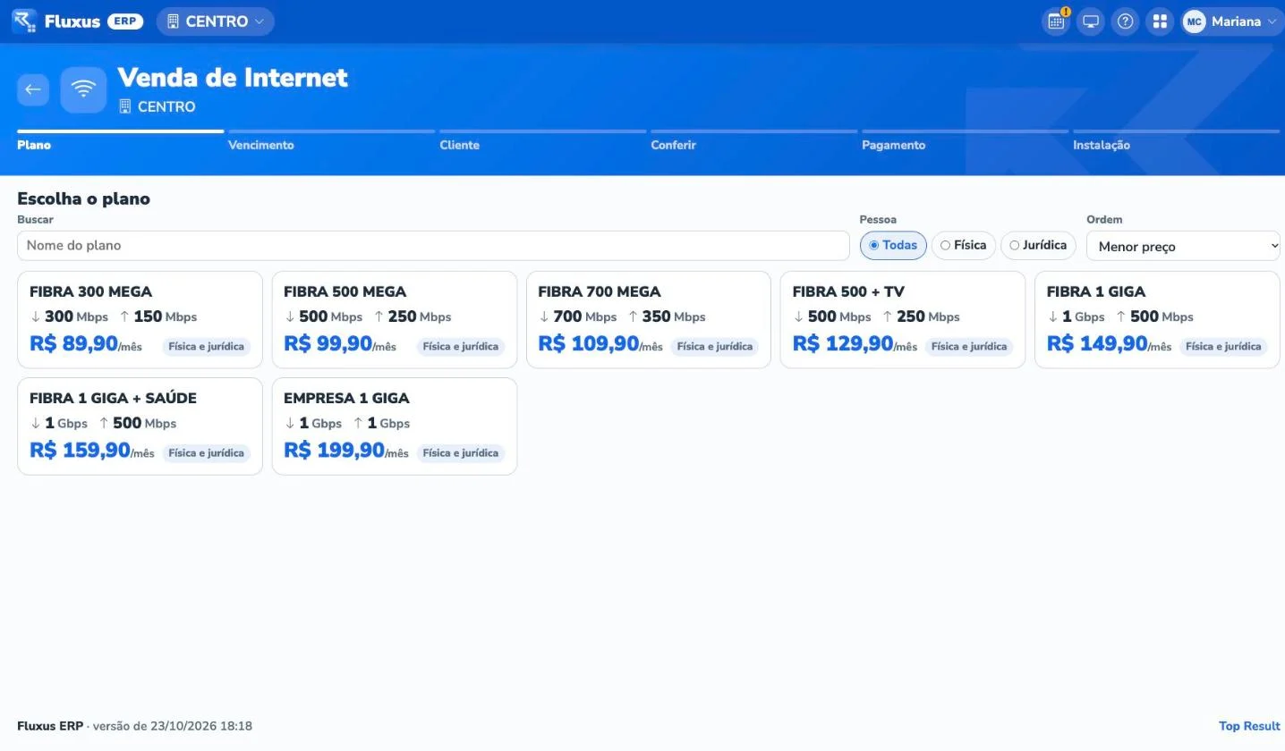 Venda de Internet: escolha do plano, com os passos até o pagamento e a instalação